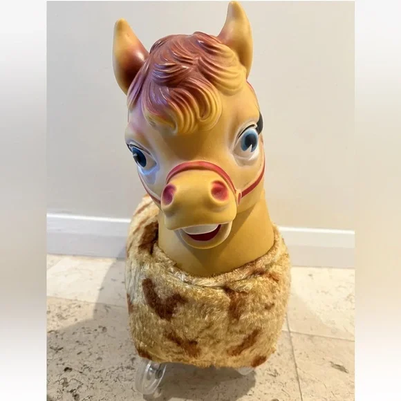 Rubber Face Horse Ride On Plush Toy Wheel Spotted Pony Rare Vintage Mid Century